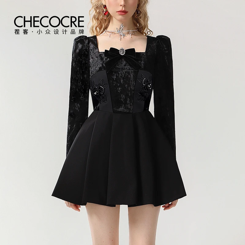 【老板娘夏天】茬客新款黑色丝绒拼接蝴蝶结点缀收腰裙CM620016