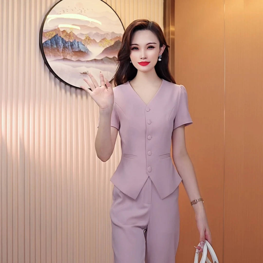 夏季薄款短袖温柔气质减龄时尚两件套通勤御姐西装套装轻熟名媛