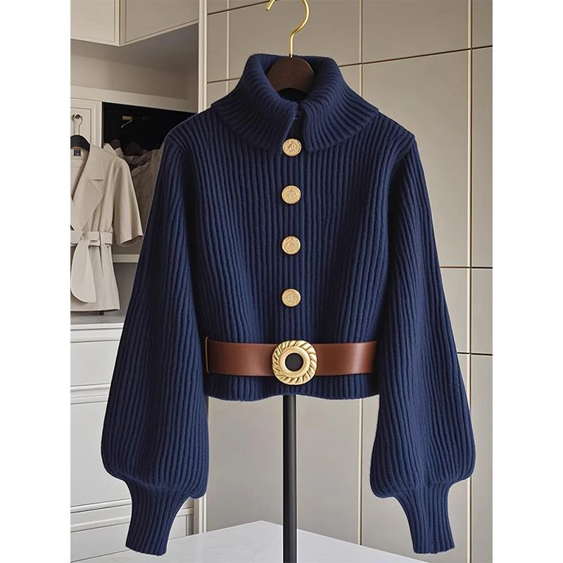 法式轻奢chic别致蓝色针织衫女秋冬季新款金翻领假两件针织衫