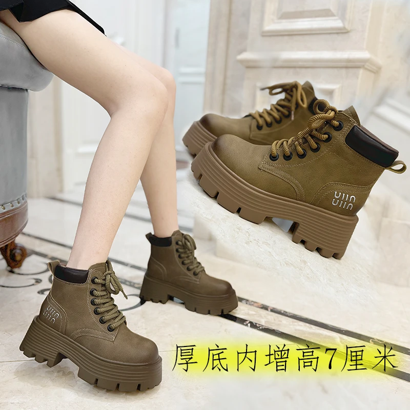 小个子女鞋秋季新款厚底内增高7厘米马丁靴女中短筒靴英伦风靴子