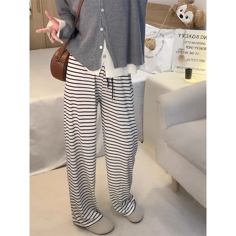 横条纹阔腿裤显瘦宽松拖地垂感十足夏季薄款直筒裤高腰设计感百搭