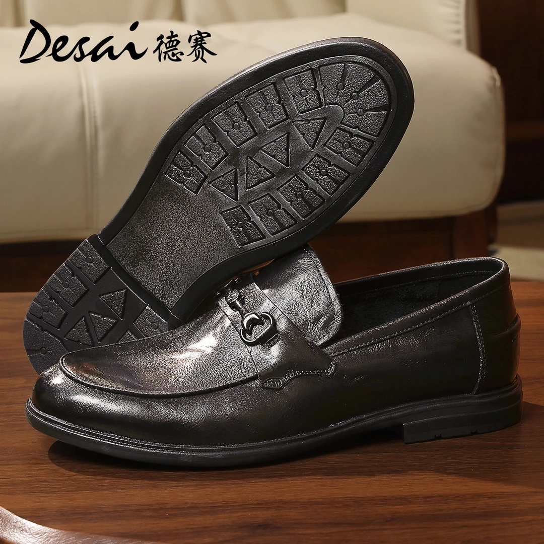 德赛春夏头层牛皮手工擦色一脚蹬皮鞋透气软底软面乐福休闲男鞋