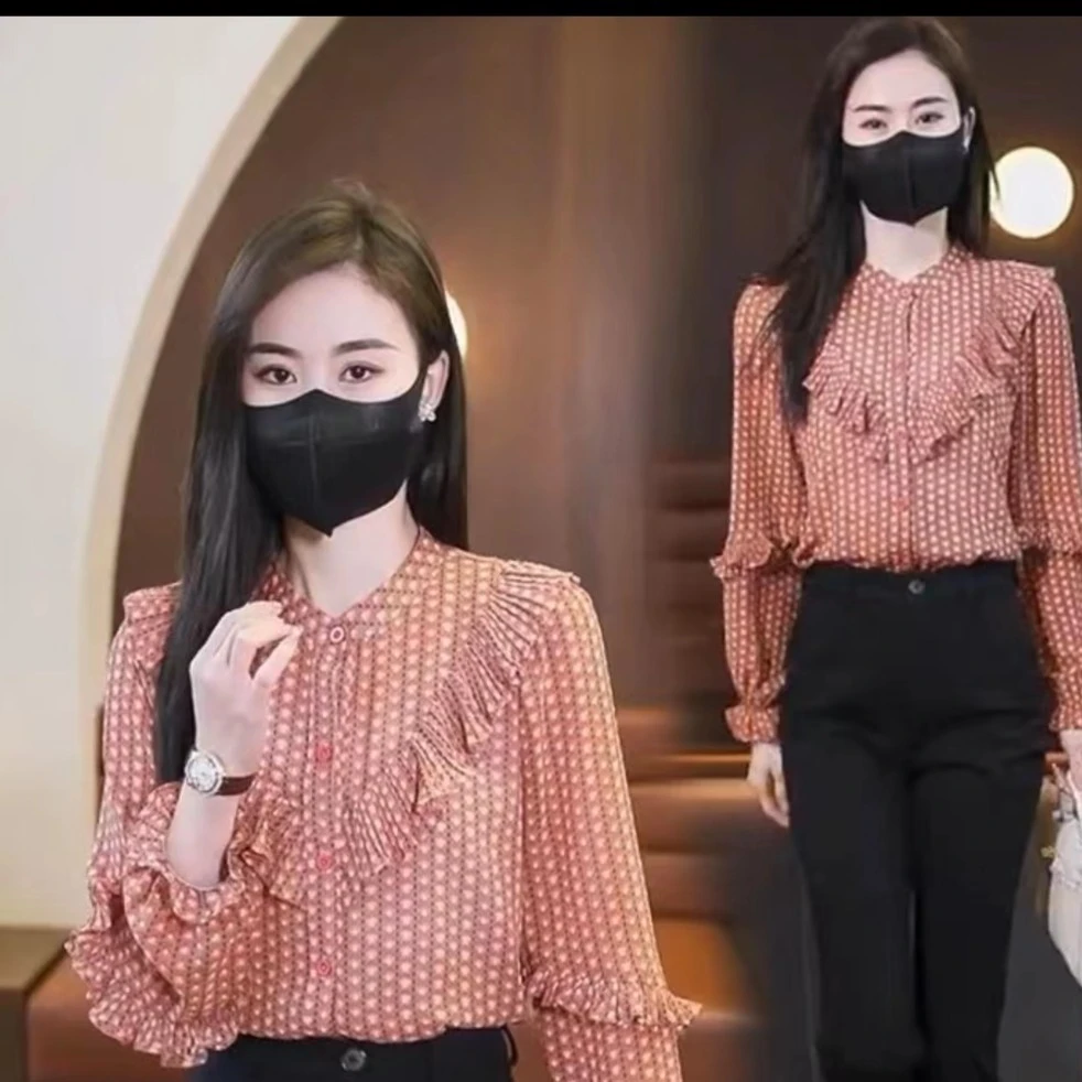 荷叶边碎花长袖秋季新品雪纺衬衫女2024时尚小衫上衣设计感百搭