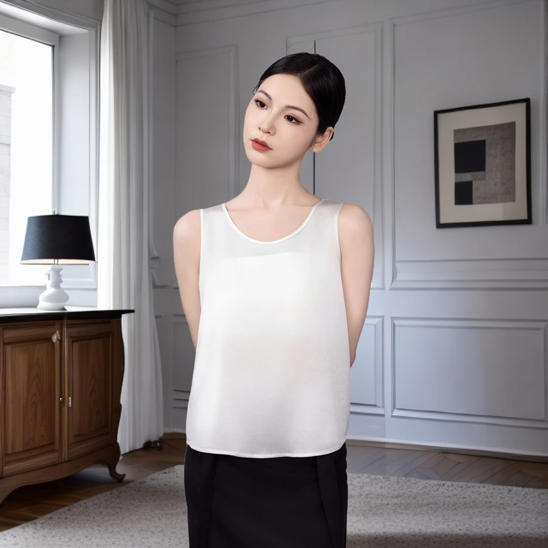 桃气佳人【云缕】100%桑蚕丝吊带背心女内搭圆领纯色宽松无袖上衣夏