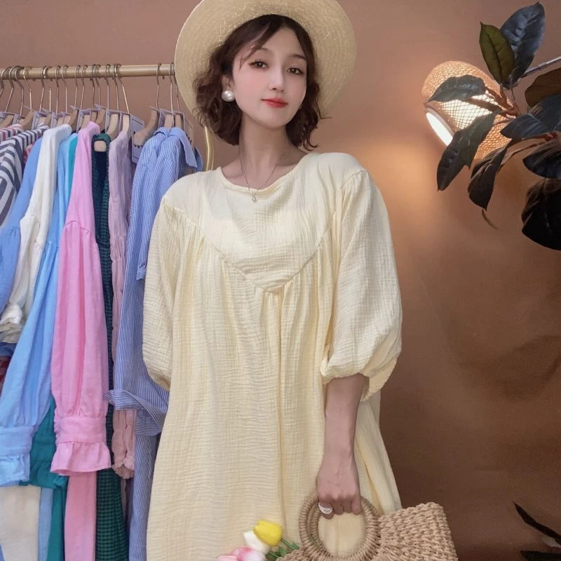 【喜柚自制】牛乳卷 温柔泡泡袖春夏褶皱显瘦法式宽松连衣裙2