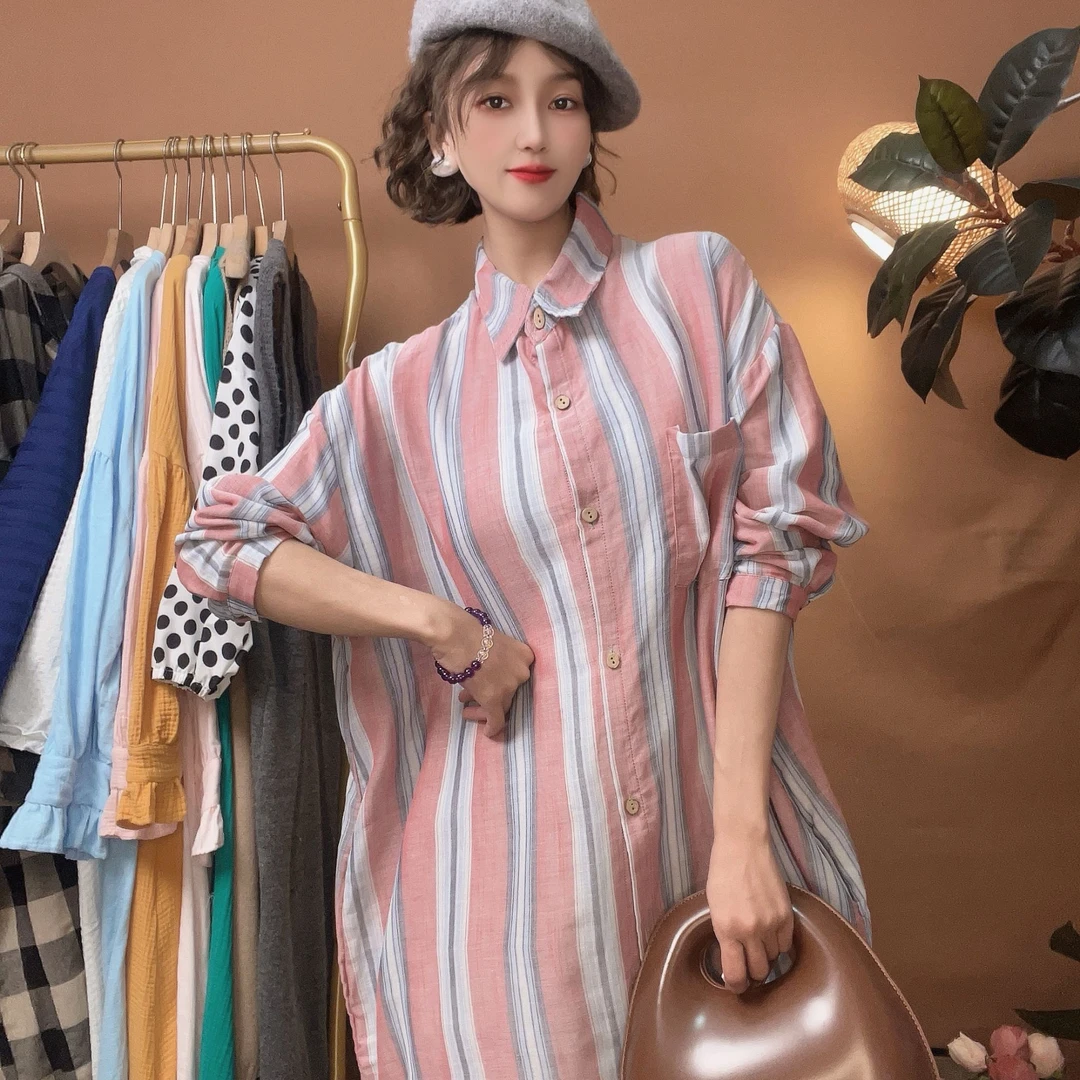 【喜柚自制】毕加索线条 复古百搭条纹中长款宽松拼接连衣裙