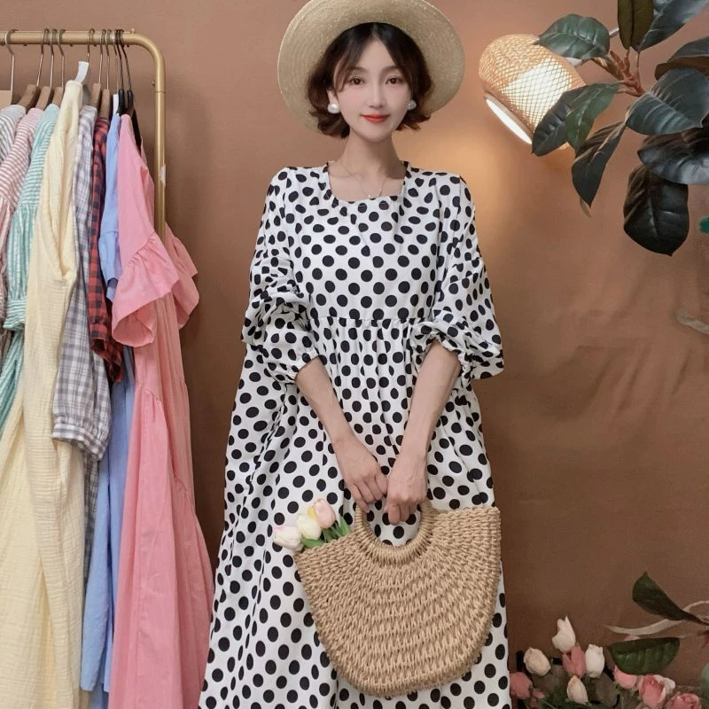 【喜柚自制】月河星沙  复古法式波点泡泡袖韩版显瘦宽松连衣裙1