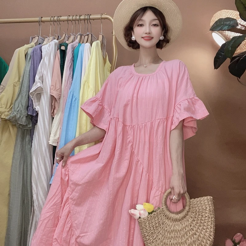 【喜柚自制】多巴胺夏日 法式韩版纯色夏季显瘦宽松气质连衣裙裙子1