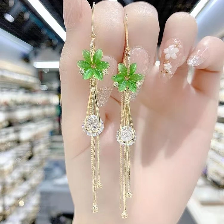 妙链 铜合金合成锆石耳饰 仙气清新绿色喵珠花朵耳线202