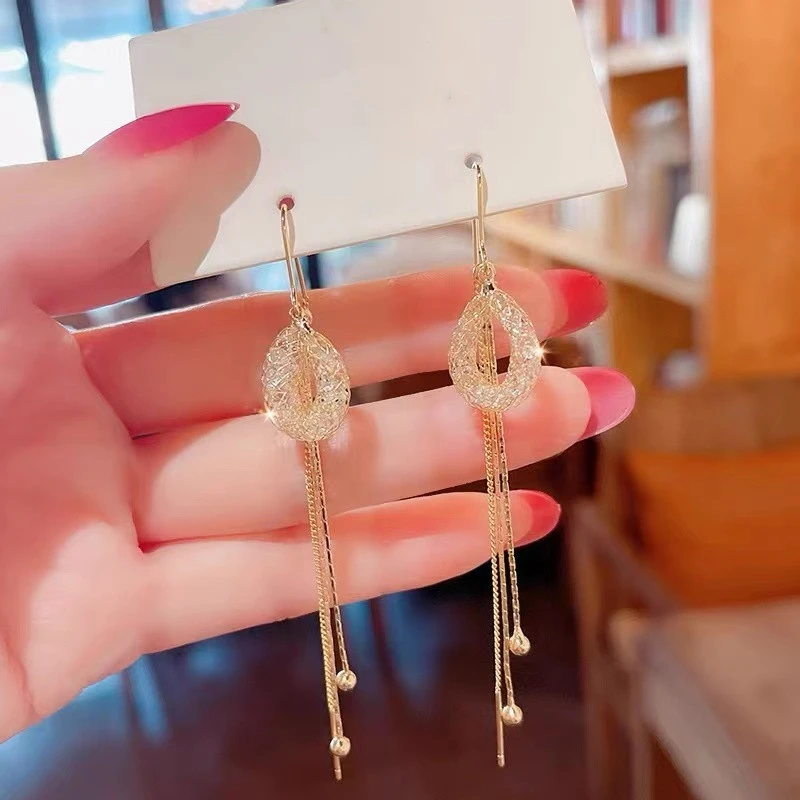 妙链 锌合金耳饰 不规则网状水滴设计长款流苏耳线273