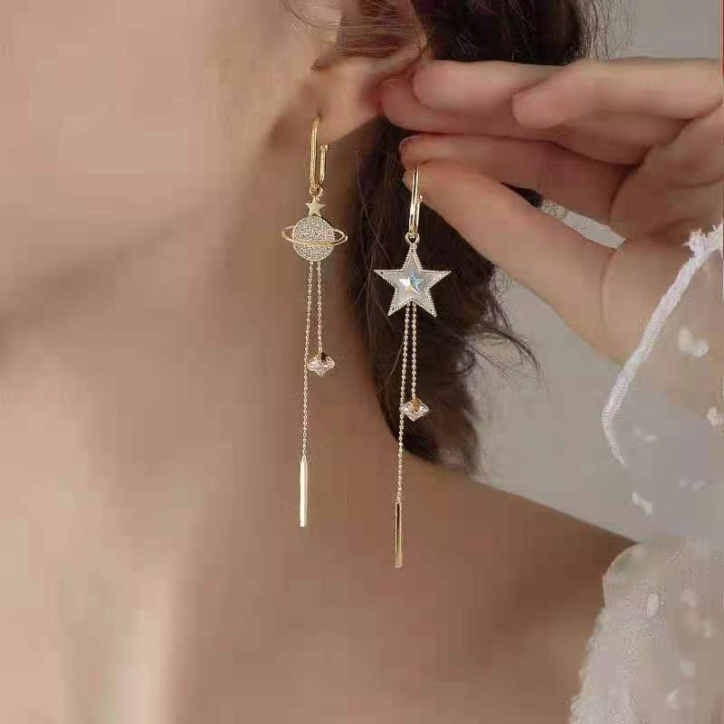 妙链 锌合金耳饰 AB款个性不对称五角星星球流苏耳环008