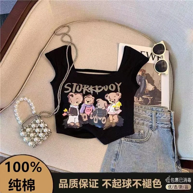 小熊印花吊带女童背心内搭夏季外穿修身小飞袖短款打底上衣潮