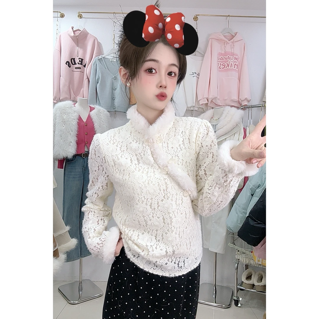 9990新中式斜襟蕾丝衫（双层加绒）