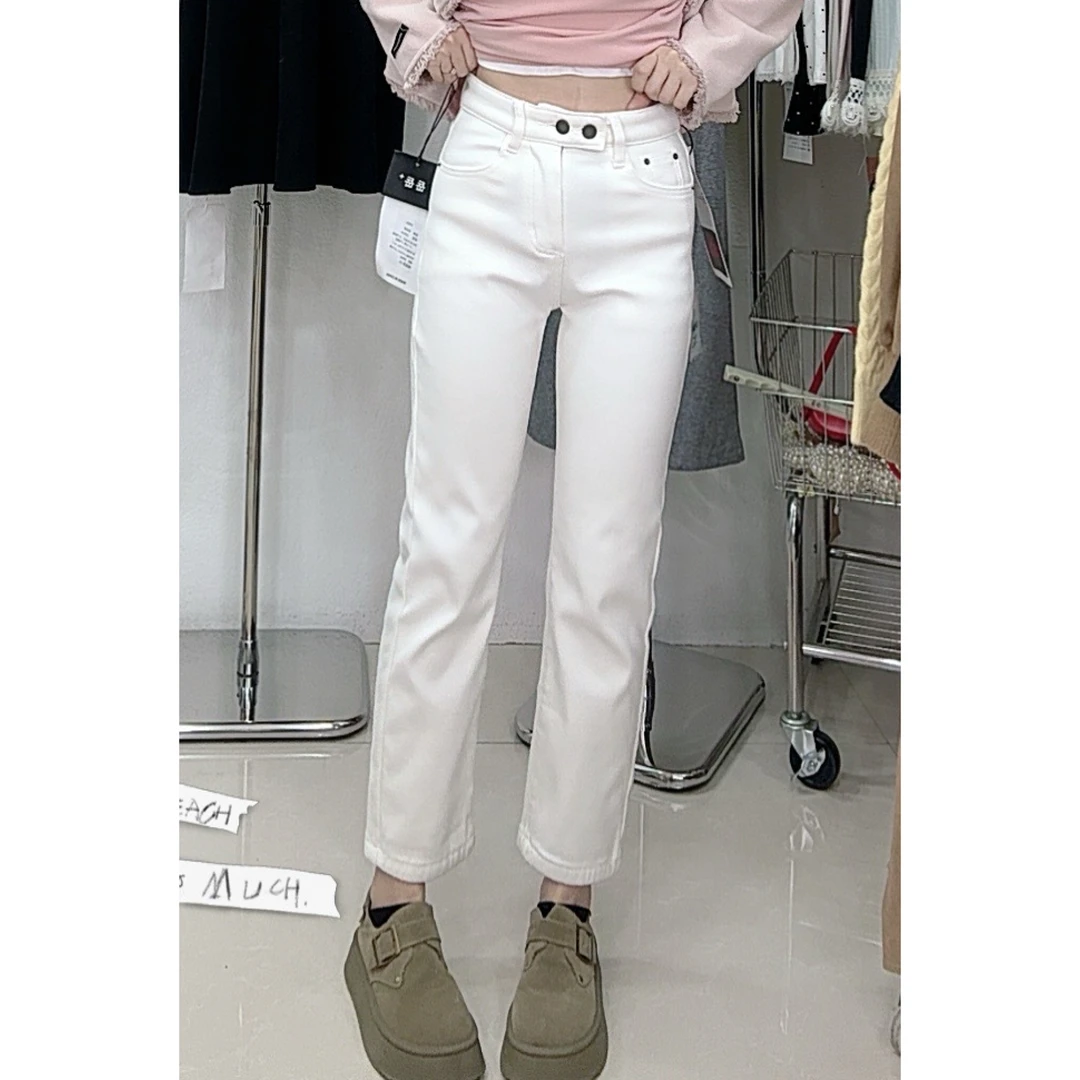 33599白色两扣牛仔烟管裤（磨毛）