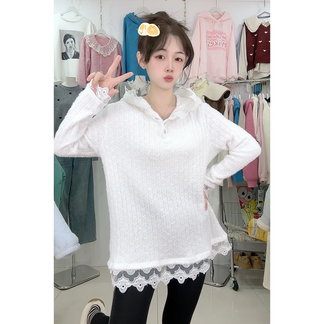 2919长款连帽厚款蕾丝衫