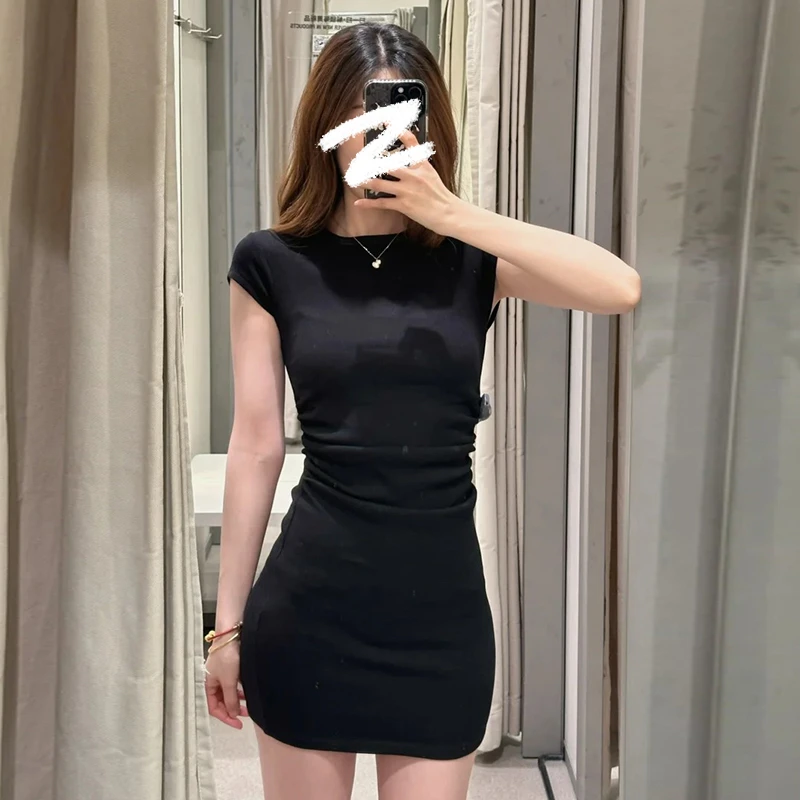 2024气质黑色短裙小众修身包臀裙辣妹短袖连衣裙女正肩小飞袖裙子