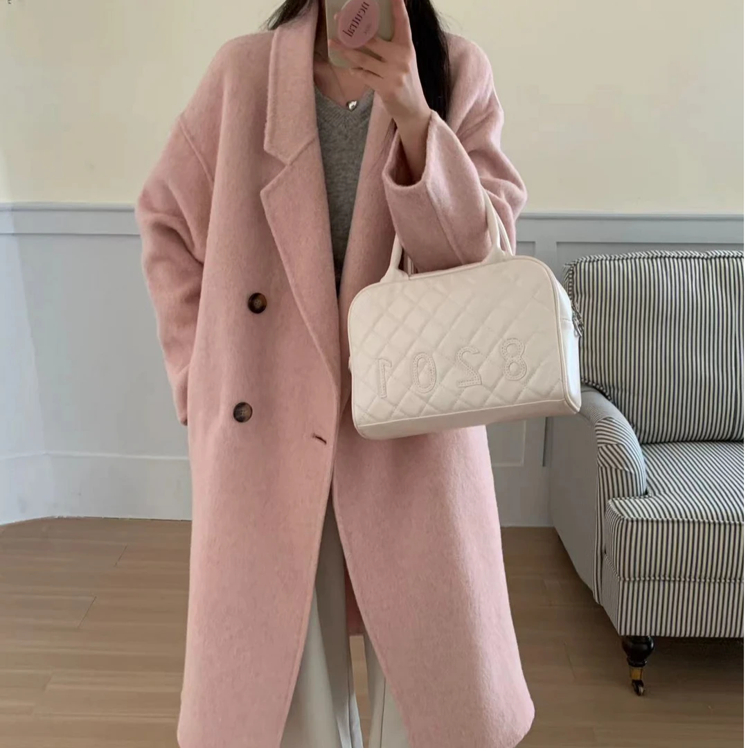 高端韩版通勤双面羊毛大衣女中长款2024新款宽松高级感毛呢外套