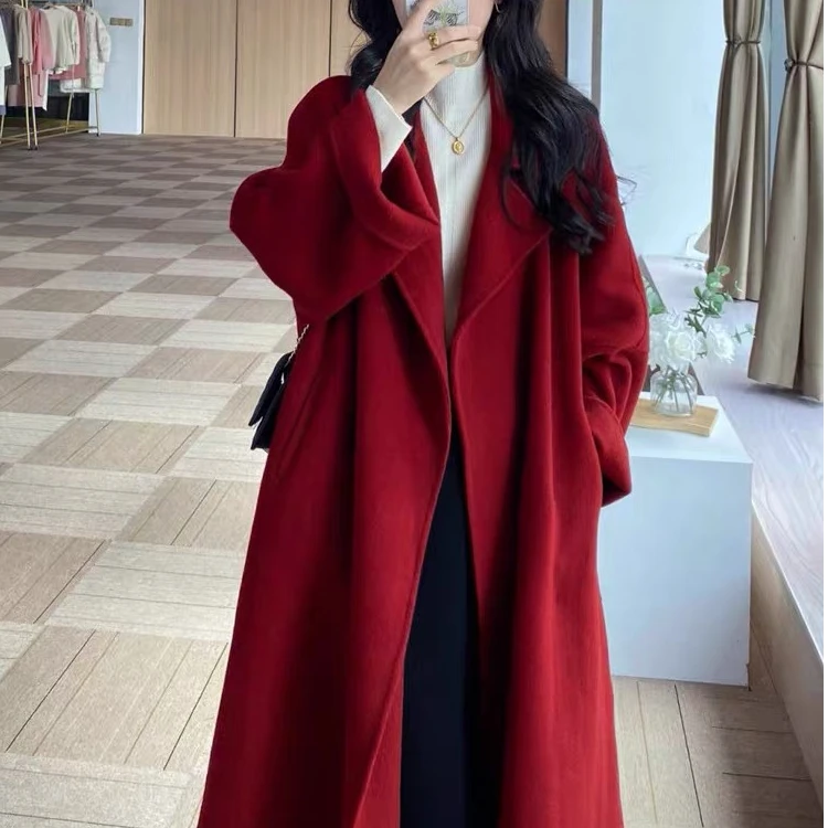 全澳毛版西西里经典浴袍双面羊毛大衣女中长款秋冬气质毛呢外套