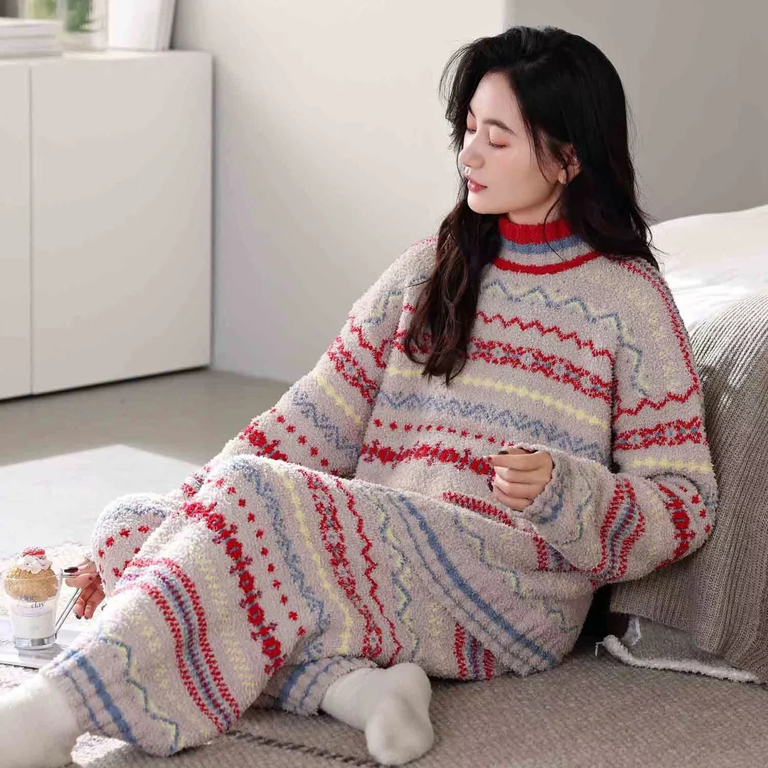 睡衣女半边绒秋冬毛衣可外穿条纹珊瑚绒加厚冬季保暖家居服套装