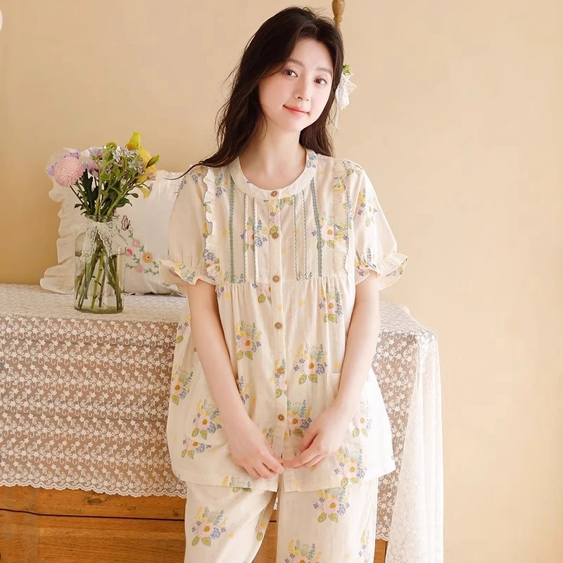 睡衣女夏季纯棉女士款短袖七分裤睡衣日系可爱甜美花边套装家居服