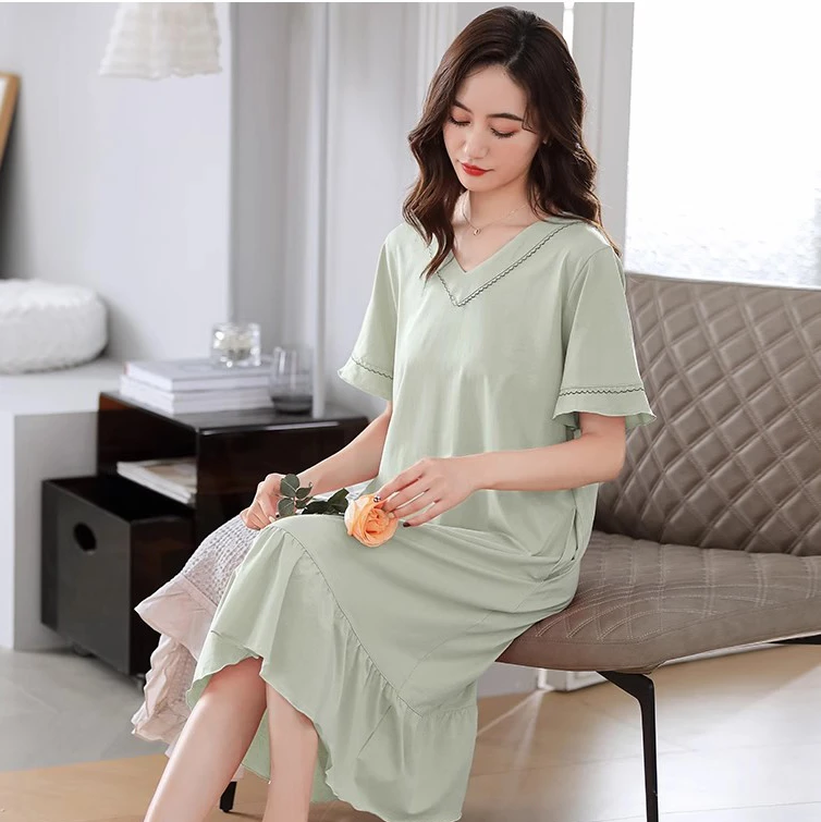 睡裙女夏季带胸垫睡衣中长款莫代棉睡裙薄款加大码女士夏天连衣裙