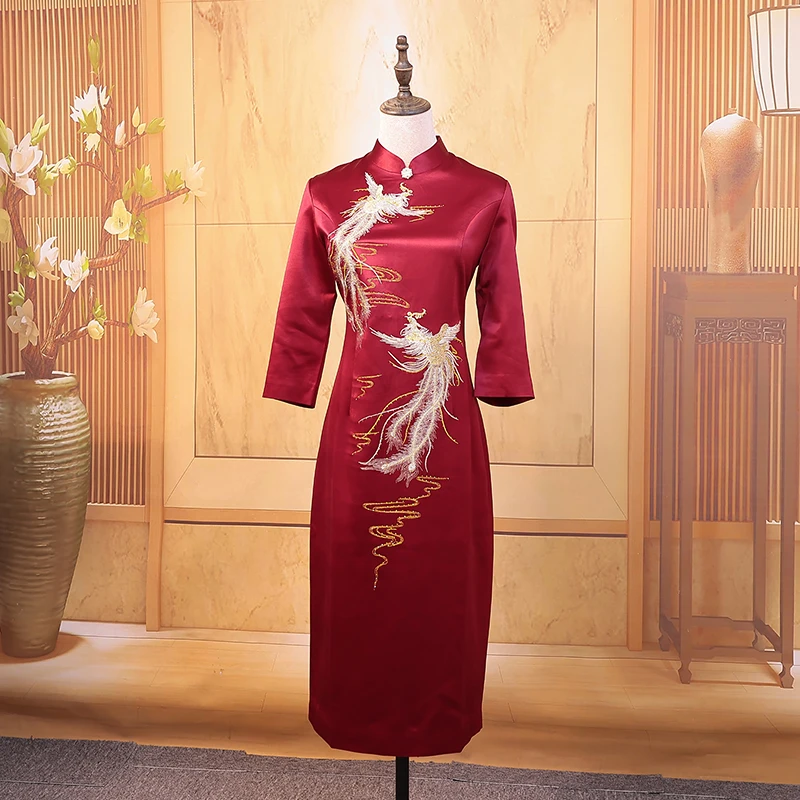 栢阅2024春夏新款喜红色婚宴礼服结婚妈妈装醋酸旗袍中式秋冬季