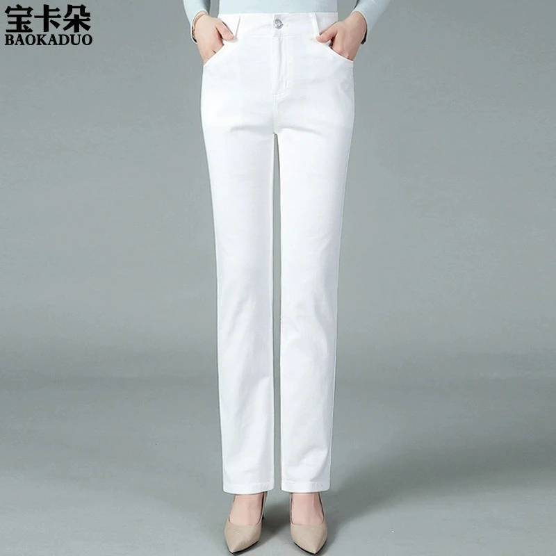 妈妈白色牛仔裤女加厚2025秋冬加绒高腰弹力宽松直筒长裤中年裤子