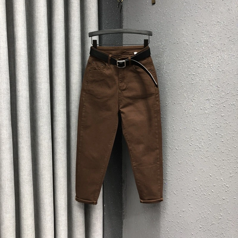 咖啡色老爹加绒牛仔裤女2025秋冬加厚高腰显瘦九分百搭小脚哈伦裤