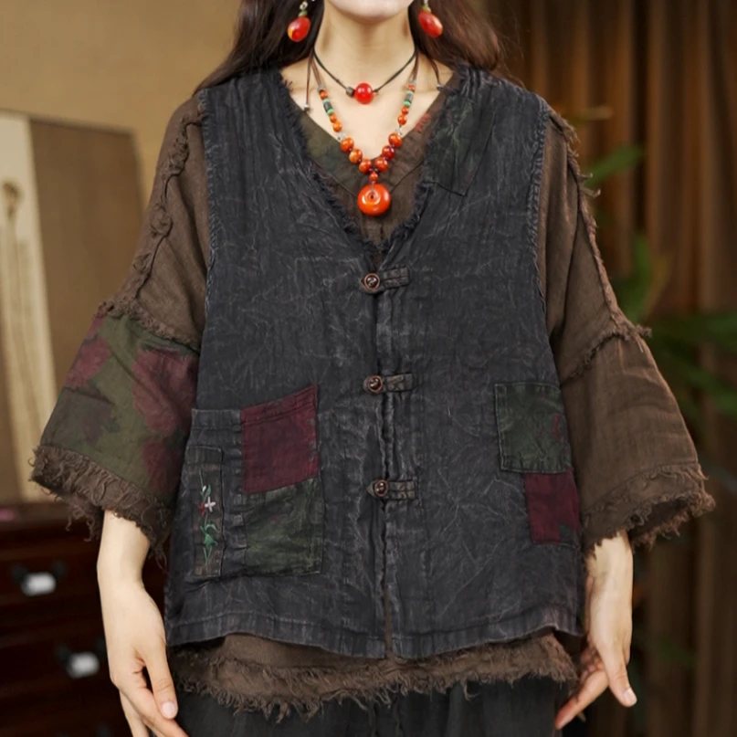 【夏布与麻】新款6088复古炒色做旧亚麻毛边盘扣马甲