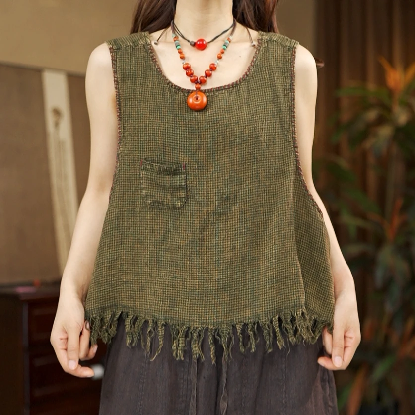 【夏布与麻】新款6233复古炒色做旧色织短款马甲