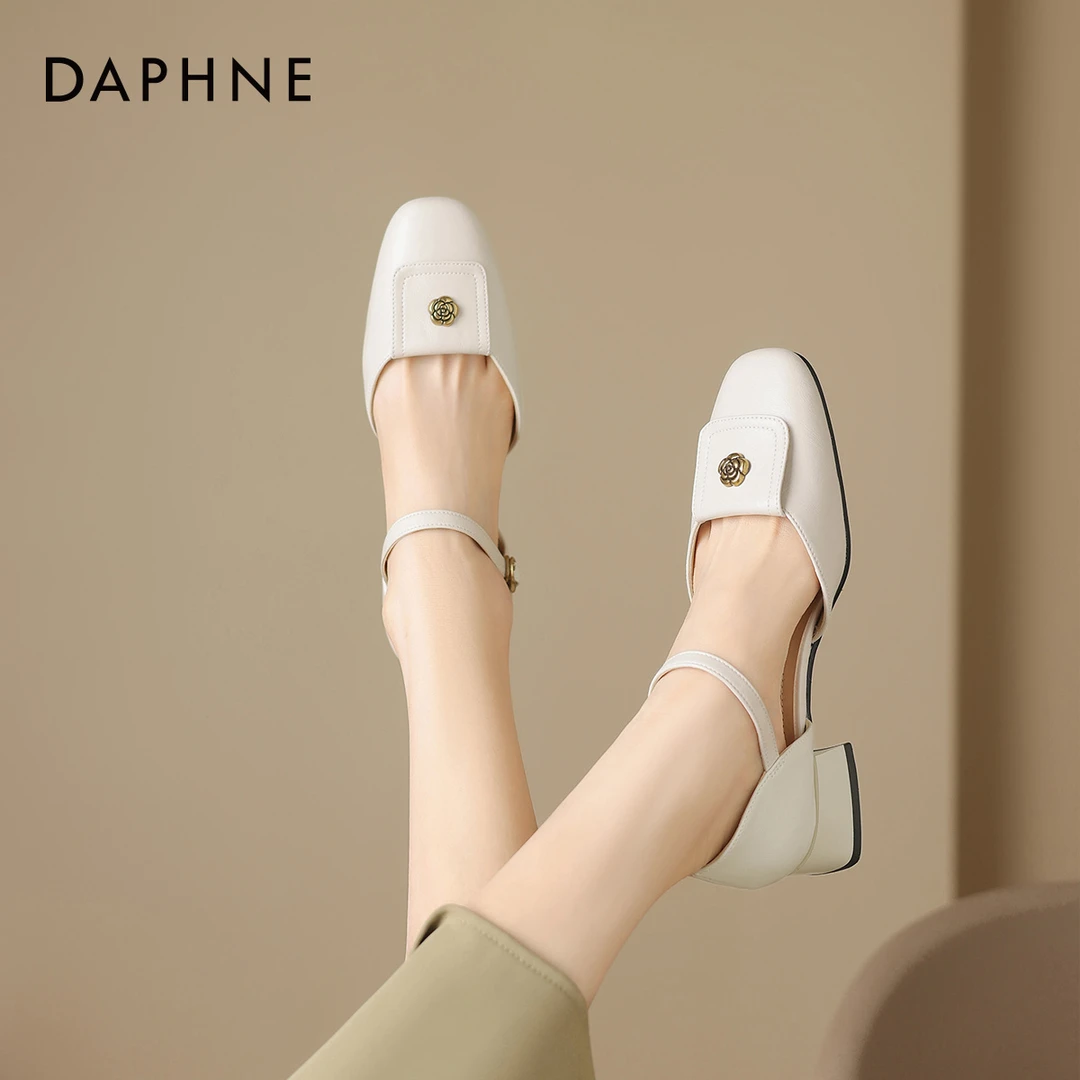 达芙妮包头凉鞋女款2025新款真皮单鞋中跟夏季一字带粗跟女鞋凉拖
