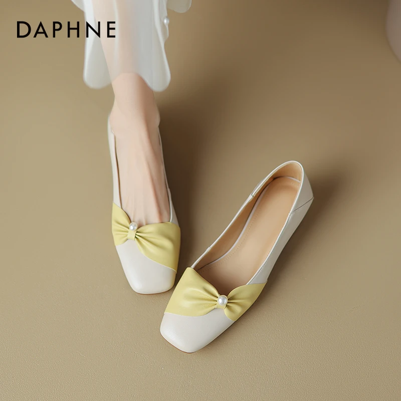 达芙妮羊皮奶奶鞋低跟单鞋女晚晚鞋夏季2025年新款法式方头平底鞋