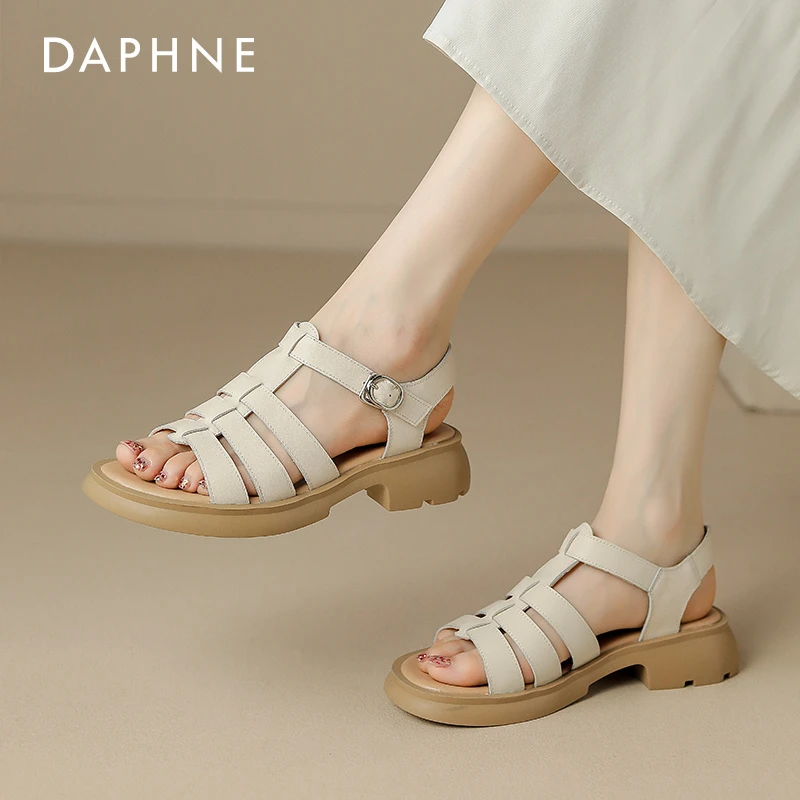 达芙妮厚底罗马凉鞋女款2025年新款夏季外穿真皮沙滩凉鞋透气露趾