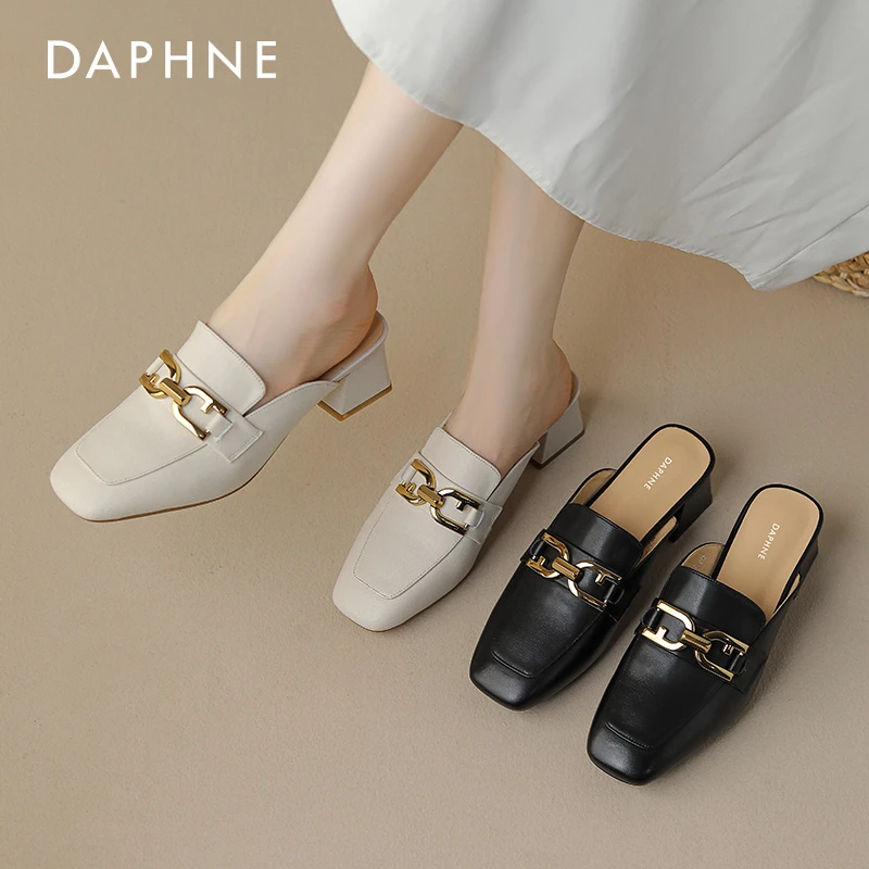 达芙妮半拖鞋女2025年夏季新款真皮中跟包头外穿皮鞋穆勒鞋凉拖女