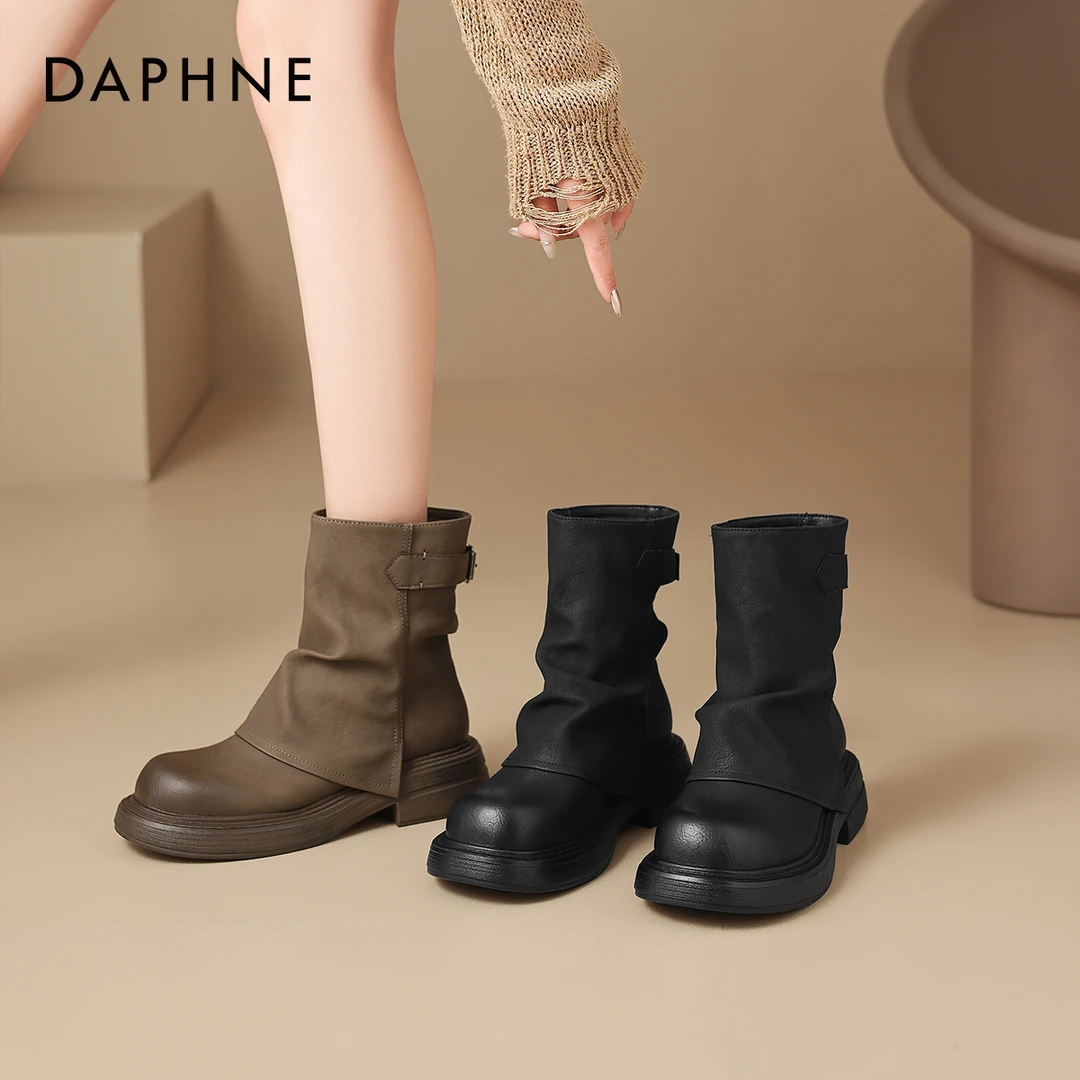 达芙妮瘦瘦靴短靴女春秋2025新款冬复古马丁靴圆头英伦风百搭女鞋