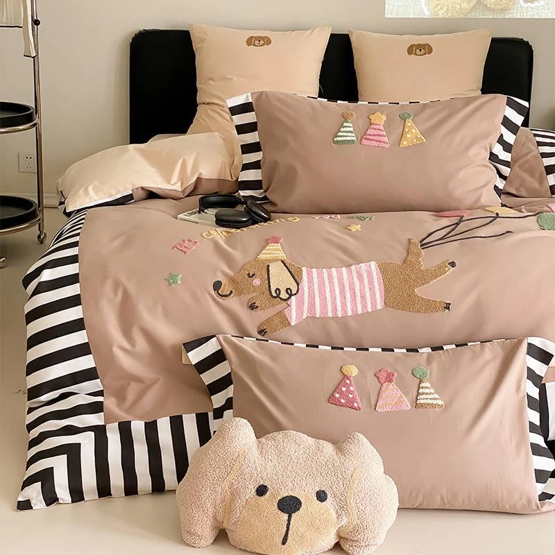 卡通可爱小狗秋冬纯棉磨毛四件套100S全棉毛巾绣被套加厚床上用品