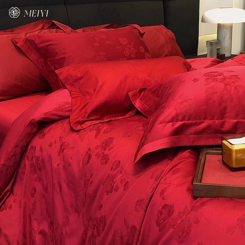 浪漫玫瑰花红色结婚四件套全棉轻奢婚庆100S喜被床上用品大红色