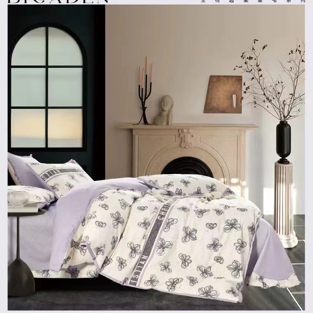 清沐家纺纯棉定制-纯棉高支高密磨绒面料-淡雅华花-AB版