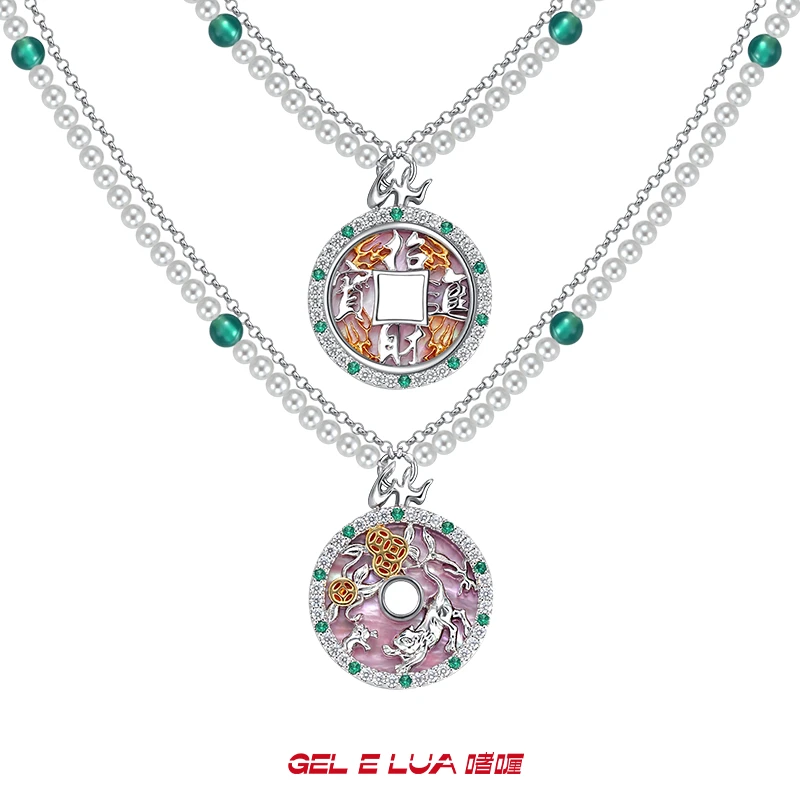 不锈钢仿珍珠项链 原创新中式古风平安钱币项链女