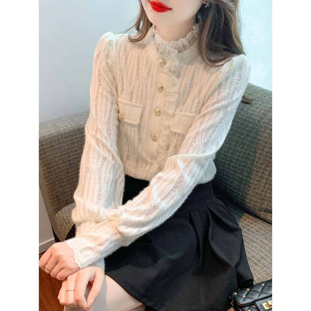 木耳蕾丝衬衫长袖外穿春季新款高档次打底洋气新款上衣蕾丝衫