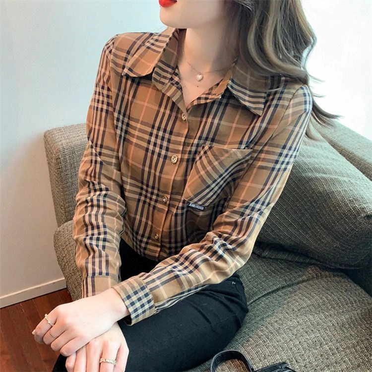 格子衬衫春秋季春秋新款复古时尚长袖衬衣休闲洋气上衣显瘦打底