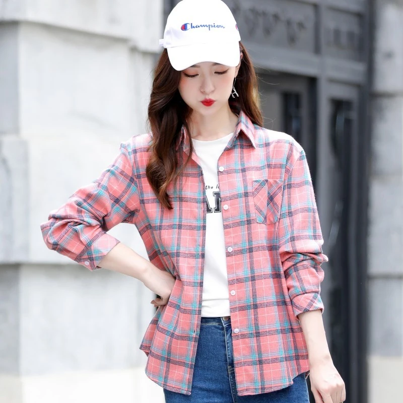 格子衬衫女2025年春夏新款韩版宽松长袖磨毛复古港味上衣防晒衫