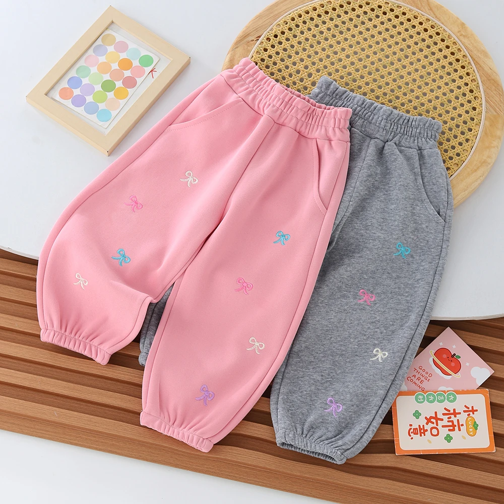 2024秋款刺绣蝴蝶结时尚休闲百搭洋气儿童卫裤运动裤外穿
