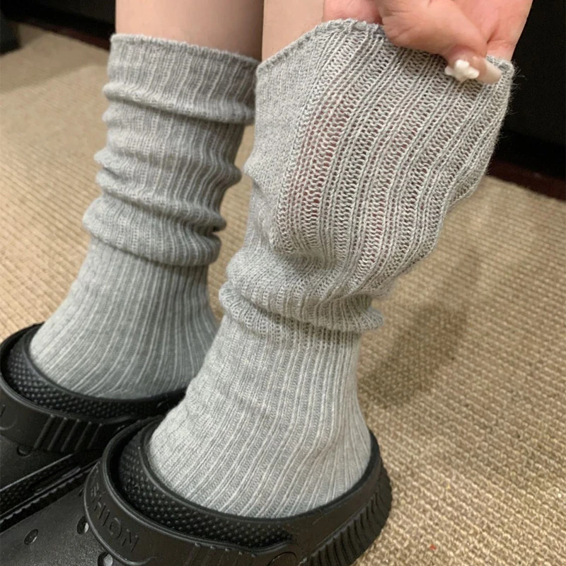 袜子女纯色秋冬款针织中筒堆堆袜森系ins潮黑白灰慵懒风小众百搭