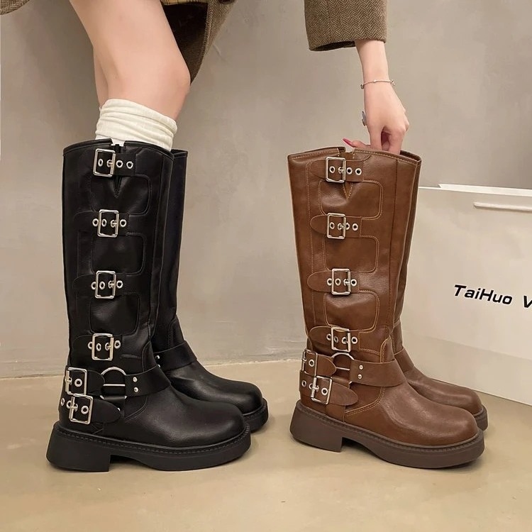 【米拉专属】2024长靴女鞋2024新款厚底时尚英伦风皮靴X81