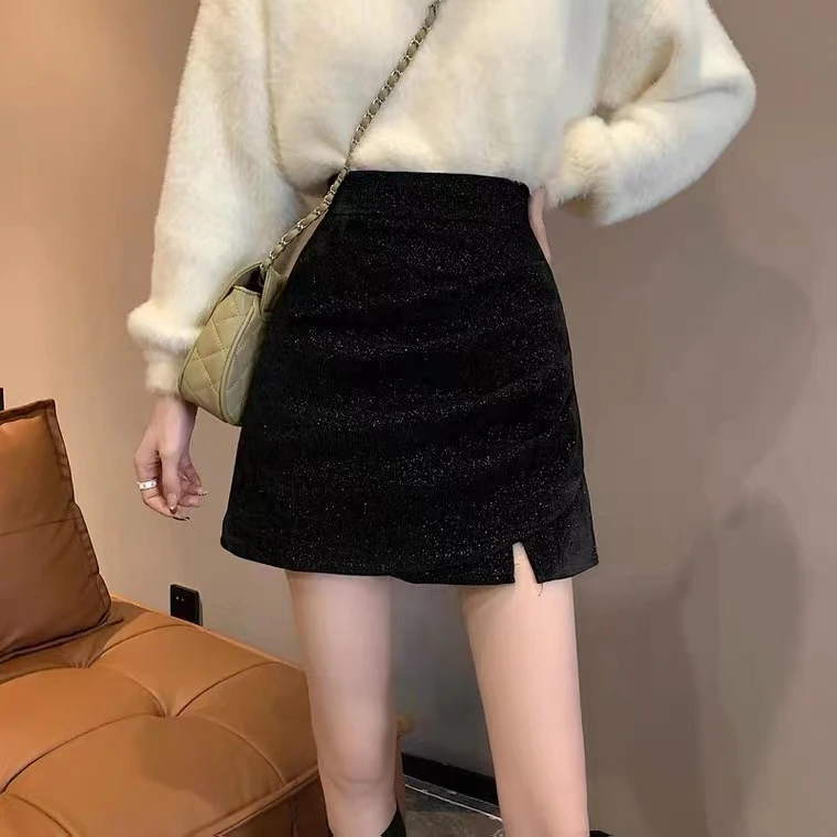 高腰显瘦百搭褶皱半身裙女2022秋冬新款韩版黑色不规则包臀短裙子