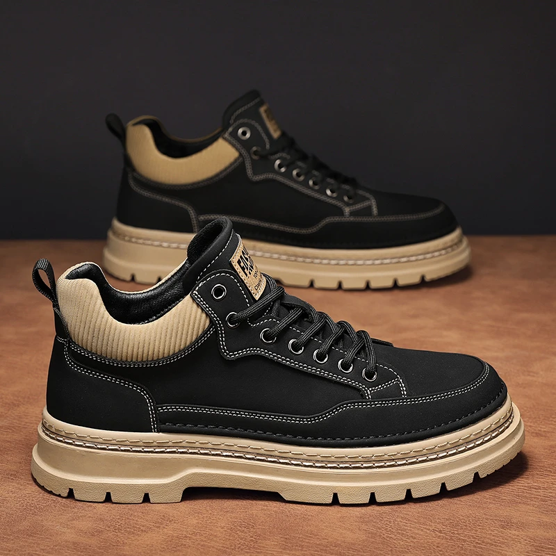男鞋秋冬复古英伦风低帮百搭休闲马丁靴男士运动厚底增高工装皮鞋
