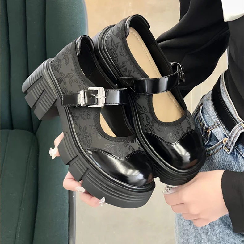 2024新款暗花设计日系小众玛丽珍皮鞋粗跟厚底英伦风女鞋347021