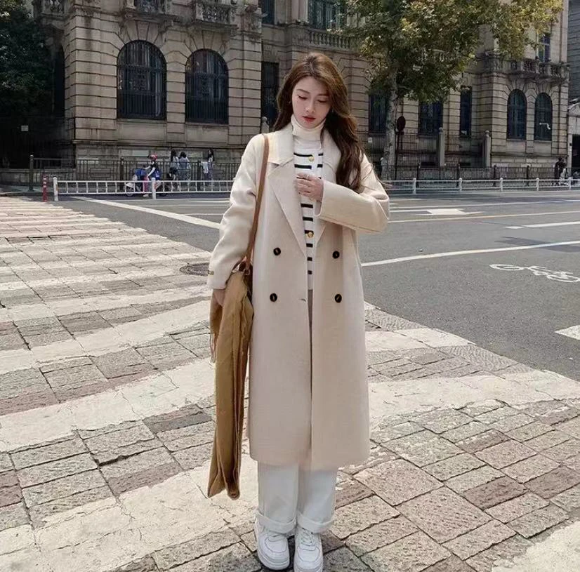 889薄款减龄双面大衣女韩版潮流气质网红双排扣长款大衣外套