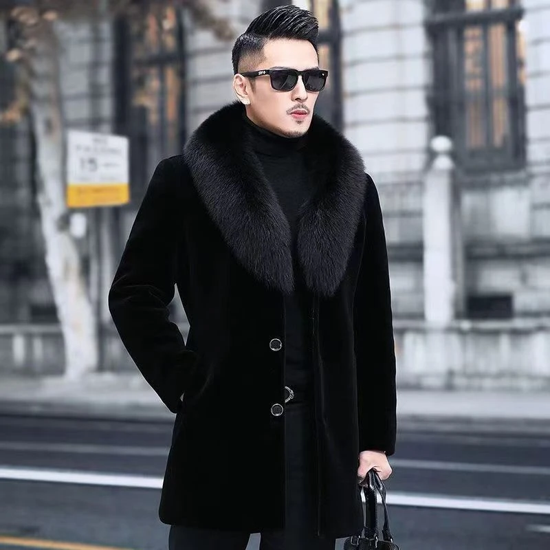 大毛领中长款海宁貂男款冬保暖外套夹克时尚大衣加厚男士仿皮草